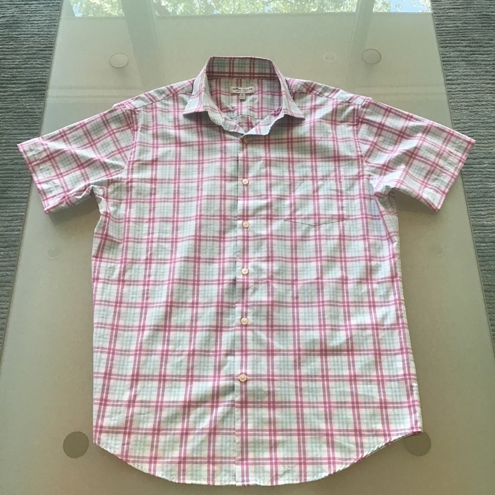 Peter Millar Summer Comfort Mens M Pink Blue Plaid Short Sleeve Button Shirt